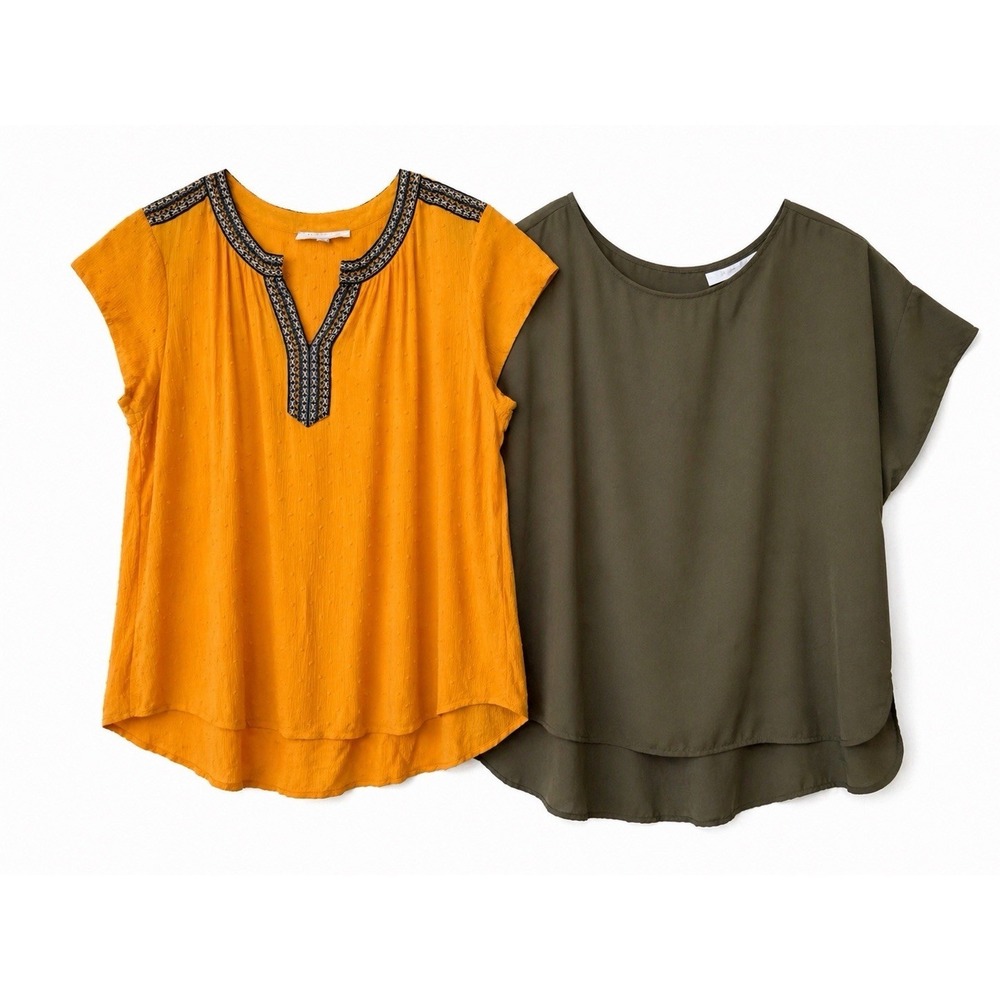 DR2 Women Set of 2 Blouses XL Orange Swiss Dot & Olive Green Short Sleeve